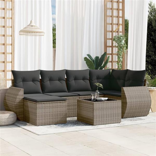 Grote foto vidaxl 7 delige loungeset met kussens poly rattan grijs tuin en terras tuinmeubelen