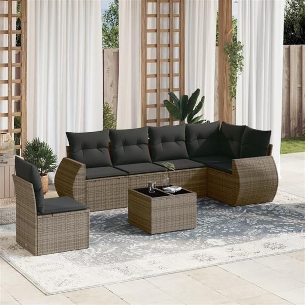 Grote foto vidaxl 7 delige loungeset met kussens poly rattan grijs tuin en terras tuinmeubelen