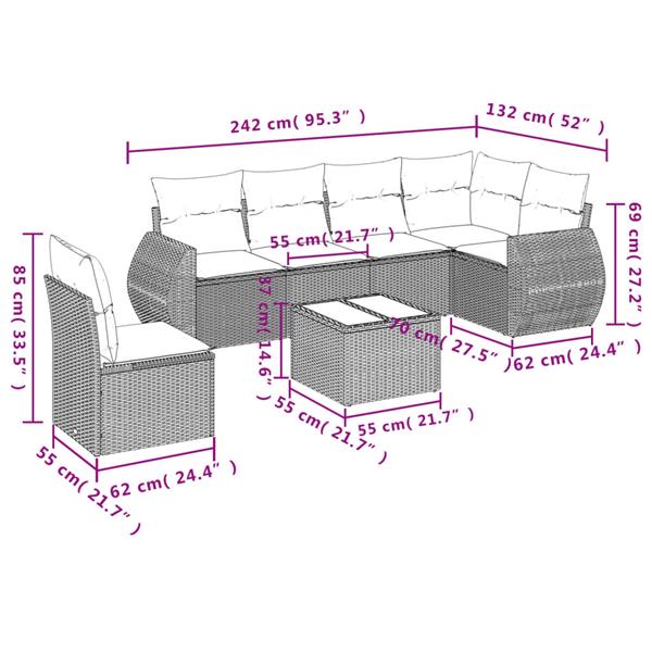 Grote foto vidaxl 7 delige loungeset met kussens poly rattan grijs tuin en terras tuinmeubelen