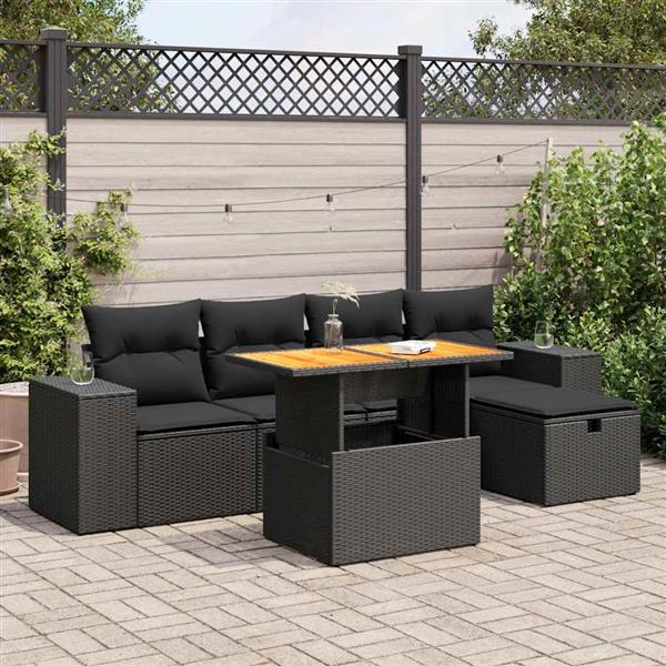 Grote foto vidaxl 6 delige loungeset met kussens poly rattan acacia zwart tuin en terras tuinmeubelen