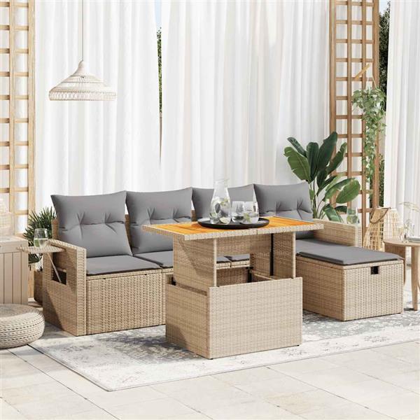 Grote foto vidaxl 6 delige loungeset met kussens poly rattan acacia beige tuin en terras tuinmeubelen