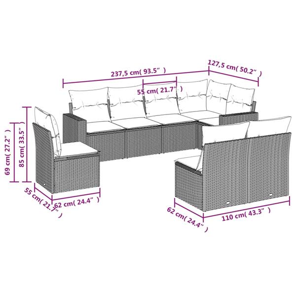 Grote foto vidaxl 8 delige loungeset met kussens poly rattan zwart tuin en terras tuinmeubelen