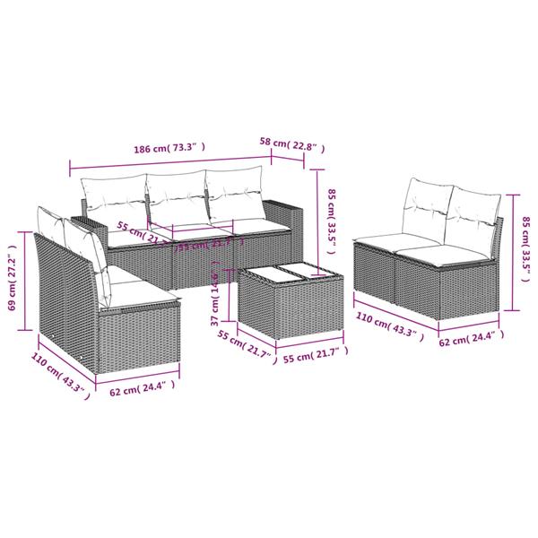 Grote foto vidaxl 8 delige loungeset met kussens poly rattan zwart tuin en terras tuinmeubelen