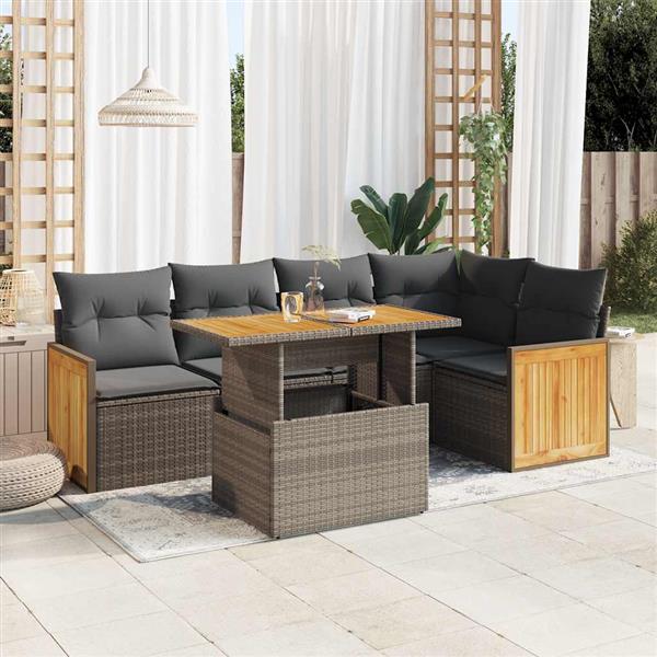 Grote foto vidaxl 6 delige loungeset met kussens poly rattan acacia grijs tuin en terras tuinmeubelen