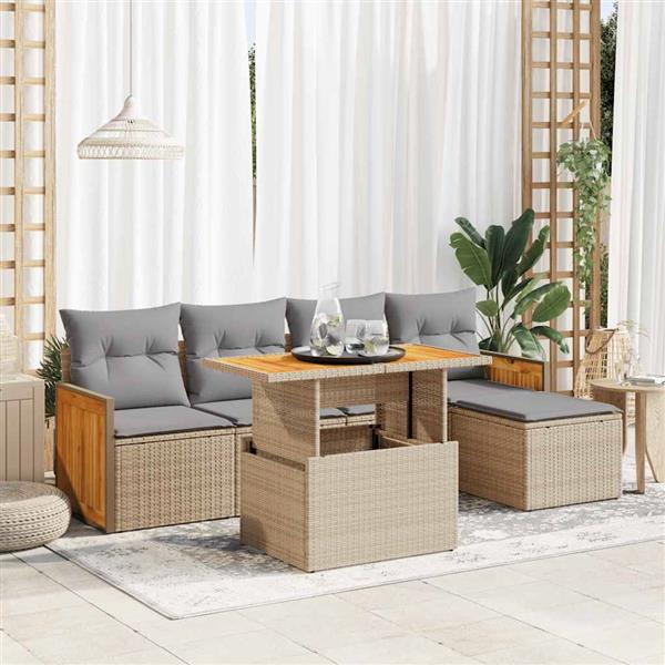 Grote foto vidaxl 6 delige loungeset met kussens poly rattan acacia beige tuin en terras tuinmeubelen