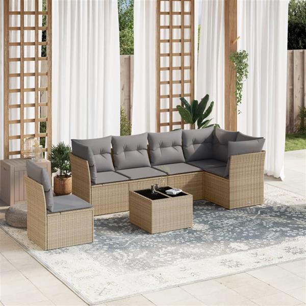 Grote foto vidaxl 7 delige loungeset met kussens poly rattan beige tuin en terras tuinmeubelen