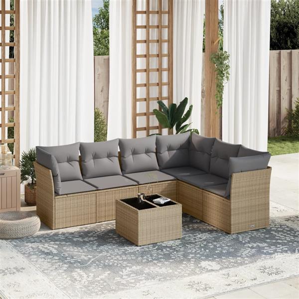 Grote foto vidaxl 7 delige loungeset met kussens poly rattan beige tuin en terras tuinmeubelen