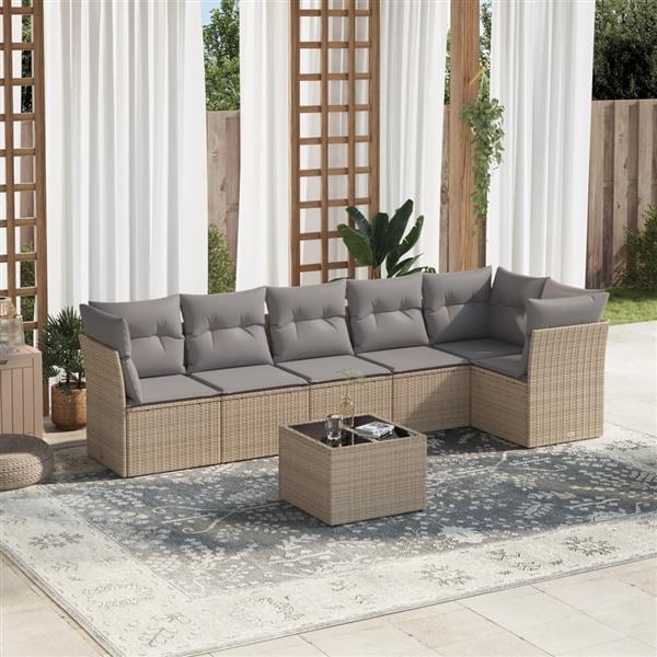 Grote foto vidaxl 7 delige loungeset met kussens poly rattan beige tuin en terras tuinmeubelen