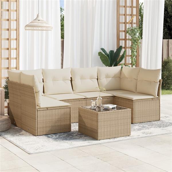 Grote foto vidaxl 7 delige loungeset met kussens poly rattan beige tuin en terras tuinmeubelen