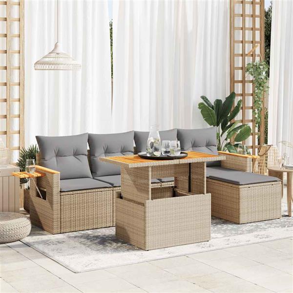 Grote foto vidaxl 6 delige loungeset met kussens poly rattan acacia beige tuin en terras tuinmeubelen