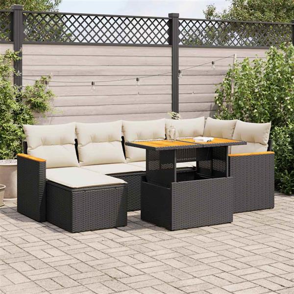 Grote foto vidaxl 7 delige loungeset met kussens poly rattan acacia zwart tuin en terras tuinmeubelen