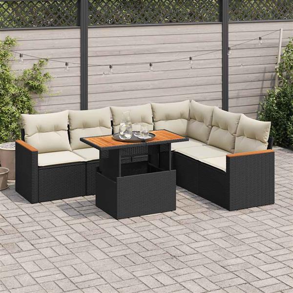 Grote foto vidaxl 7 delige loungeset met kussens poly rattan acacia zwart tuin en terras tuinmeubelen