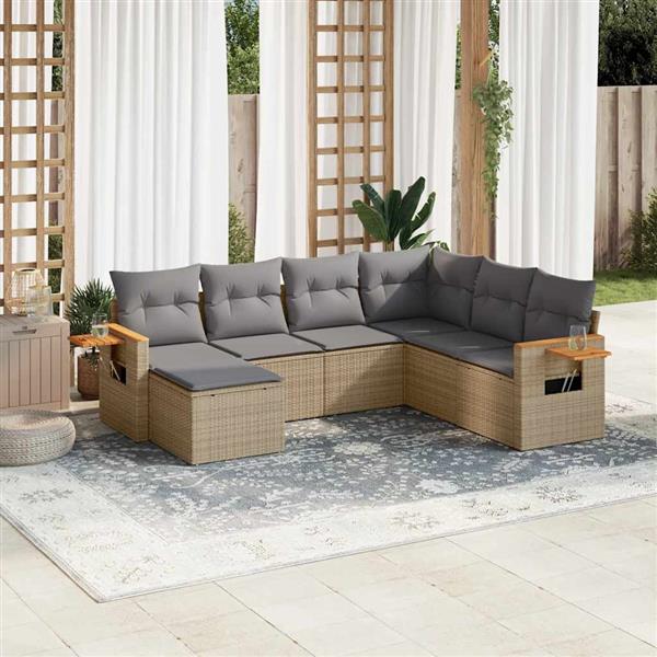 Grote foto vidaxl 7 delige loungeset met kussens poly rattan beige tuin en terras tuinmeubelen