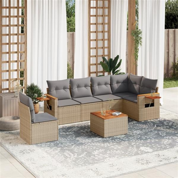 Grote foto vidaxl 7 delige loungeset met kussens poly rattan beige tuin en terras tuinmeubelen