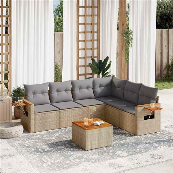 Grote foto vidaxl 7 delige loungeset met kussens poly rattan beige tuin en terras tuinmeubelen