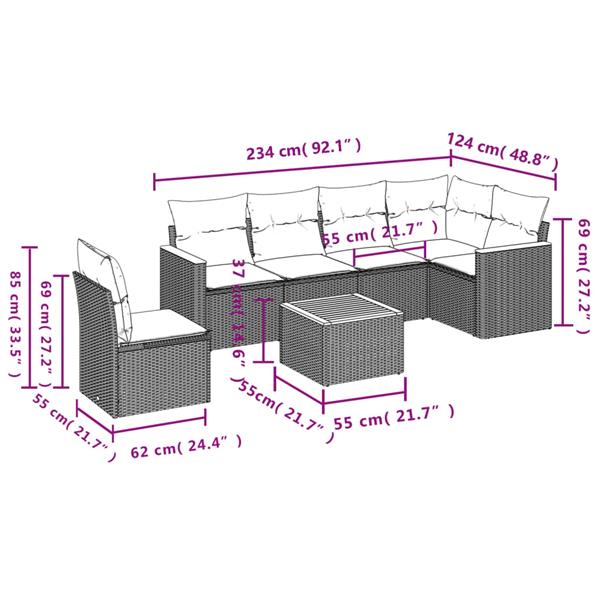 Grote foto vidaxl 7 delige loungeset met kussens poly rattan gemengd beige tuin en terras tuinmeubelen