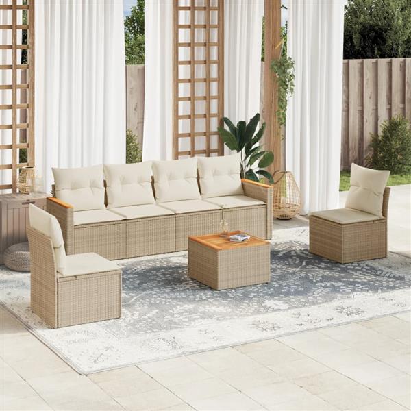 Grote foto vidaxl 7 delige loungeset met kussens poly rattan beige tuin en terras tuinmeubelen