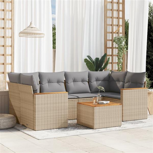 Grote foto vidaxl 7 delige loungeset met kussens poly rattan gemengd beige tuin en terras tuinmeubelen