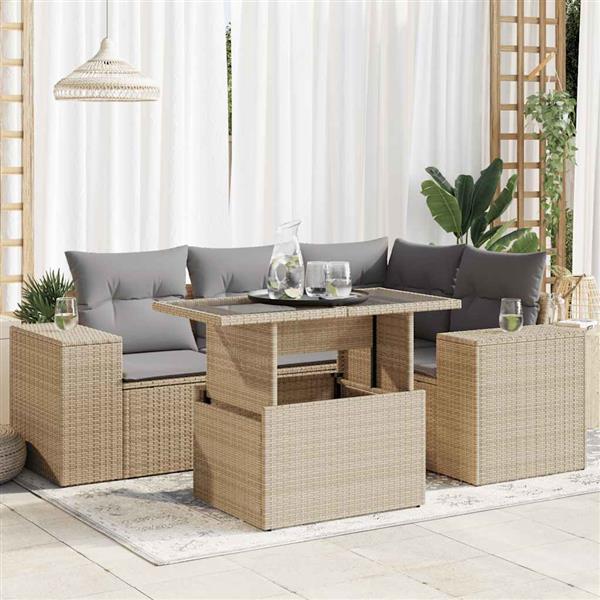 Grote foto vidaxl 5 delige loungeset met kussens poly rattan beige tuin en terras tuinmeubelen