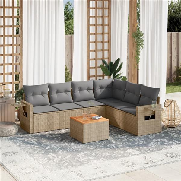 Grote foto vidaxl 7 delige loungeset met kussens poly rattan beige tuin en terras tuinmeubelen