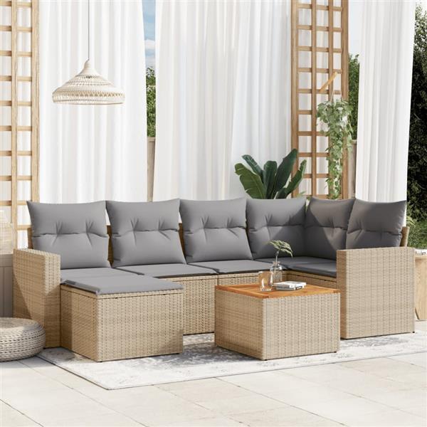 Grote foto vidaxl 7 delige loungeset met kussens poly rattan beige tuin en terras tuinmeubelen
