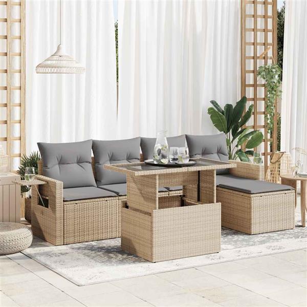 Grote foto vidaxl 6 delige loungeset met kussens poly rattan beige tuin en terras tuinmeubelen
