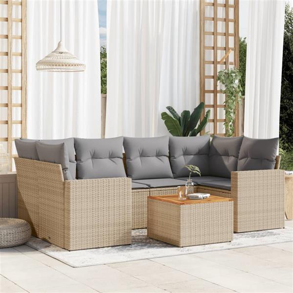 Grote foto vidaxl 7 delige loungeset met kussens poly rattan beige tuin en terras tuinmeubelen