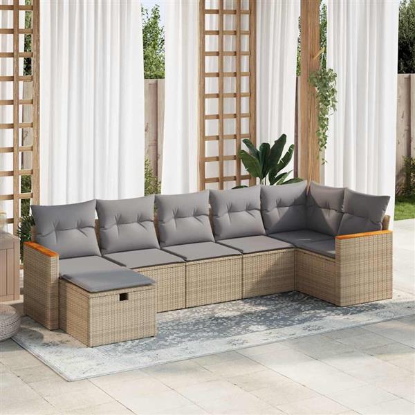 Grote foto vidaxl 7 delige loungeset met kussens poly rattan beige tuin en terras tuinmeubelen