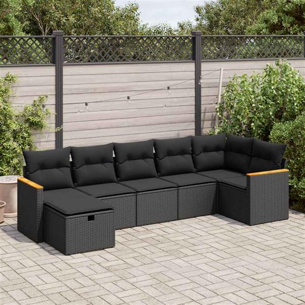 Grote foto vidaxl 7 delige loungeset met kussens poly rattan zwart tuin en terras tuinmeubelen