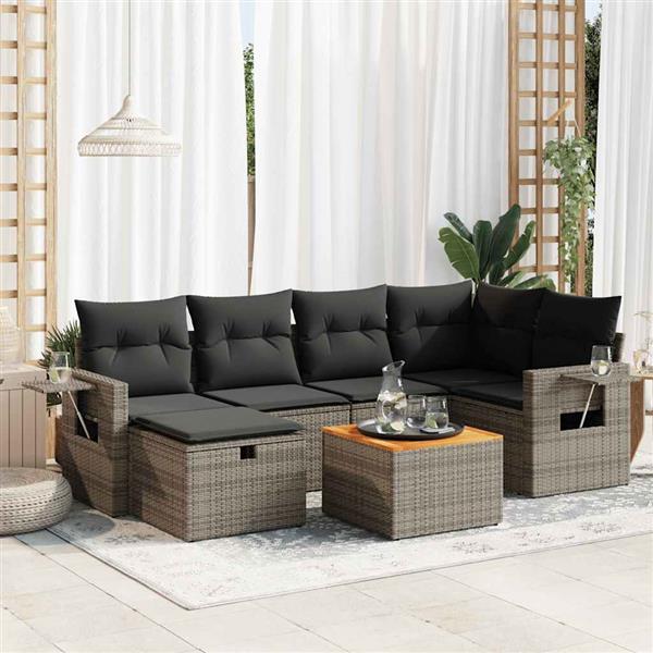 Grote foto vidaxl 7 delige loungeset met kussens poly rattan grijs tuin en terras tuinmeubelen