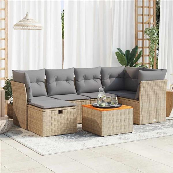 Grote foto vidaxl 7 delige loungeset met kussens poly rattan beige tuin en terras tuinmeubelen