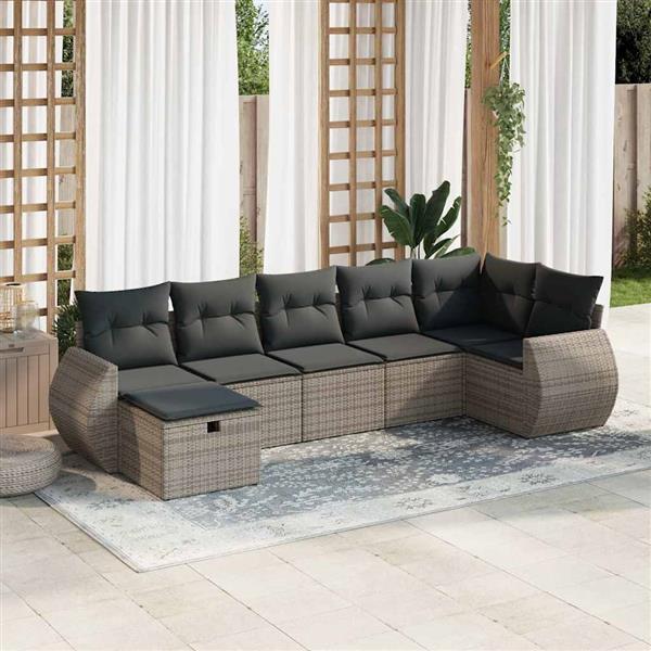 Grote foto vidaxl 7 delige loungeset met kussens poly rattan grijs tuin en terras tuinmeubelen