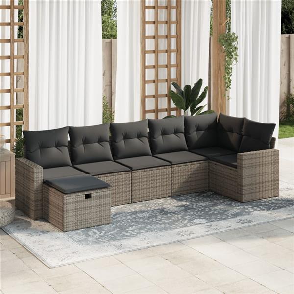 Grote foto vidaxl 7 delige loungeset met kussens poly rattan grijs tuin en terras tuinmeubelen