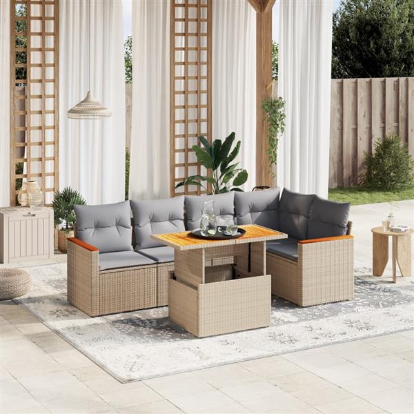 Grote foto vidaxl 6 delige loungeset met kussens poly rattan beige tuin en terras tuinmeubelen