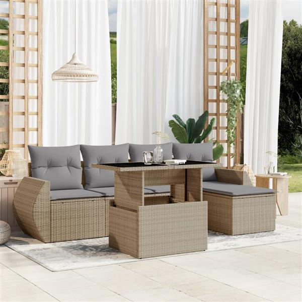 Grote foto vidaxl 6 delige loungeset met kussens poly rattan beige tuin en terras tuinmeubelen