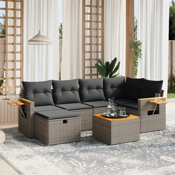 Grote foto vidaxl 7 delige loungeset met kussens poly rattan grijs tuin en terras tuinmeubelen