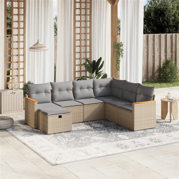 Grote foto vidaxl 7 delige loungeset met kussens poly rattan gemengd beige tuin en terras tuinmeubelen