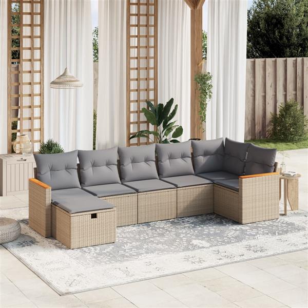 Grote foto vidaxl 7 delige loungeset met kussens poly rattan gemengd beige tuin en terras tuinmeubelen