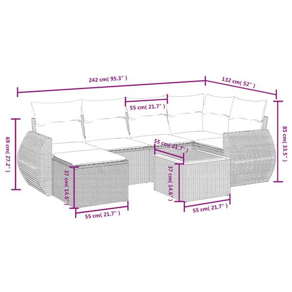 Grote foto vidaxl 7 delige loungeset met kussens poly rattan grijs tuin en terras tuinmeubelen