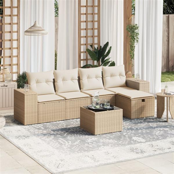Grote foto vidaxl 6 delige loungeset met kussens poly rattan beige tuin en terras tuinmeubelen