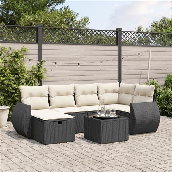 Grote foto vidaxl 7 delige loungeset met kussens poly rattan zwart tuin en terras tuinmeubelen