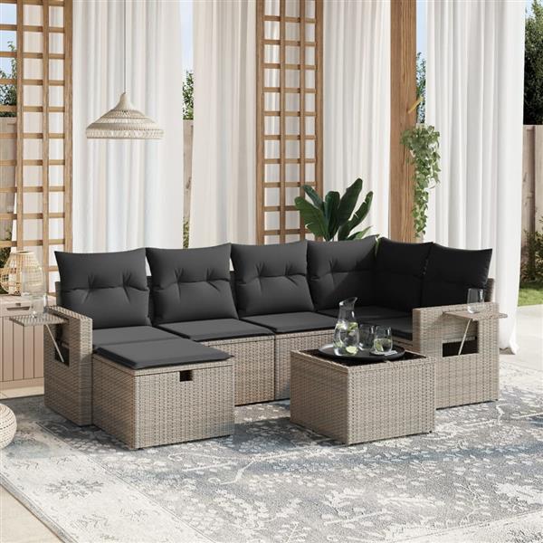 Grote foto vidaxl 7 delige loungeset met kussens poly rattan grijs tuin en terras tuinmeubelen