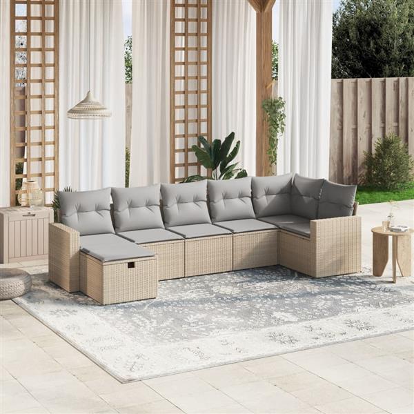 Grote foto vidaxl 7 delige loungeset met kussens poly rattan gemengd beige tuin en terras tuinmeubelen
