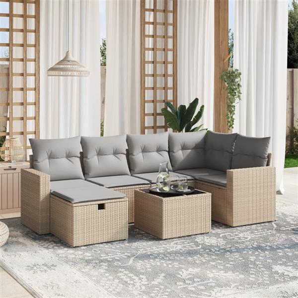 Grote foto vidaxl 7 delige loungeset met kussens poly rattan gemengd beige tuin en terras tuinmeubelen