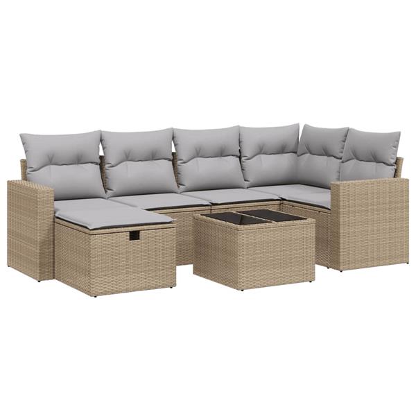 Grote foto vidaxl 7 delige loungeset met kussens poly rattan gemengd beige tuin en terras tuinmeubelen