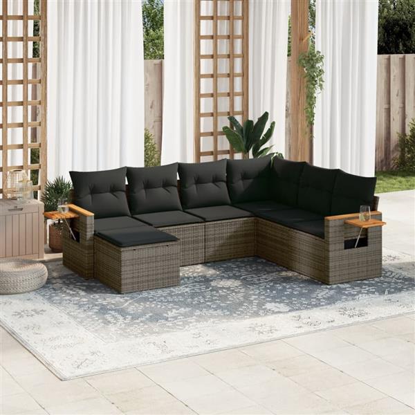 Grote foto vidaxl 7 delige loungeset met kussens poly rattan grijs tuin en terras tuinmeubelen
