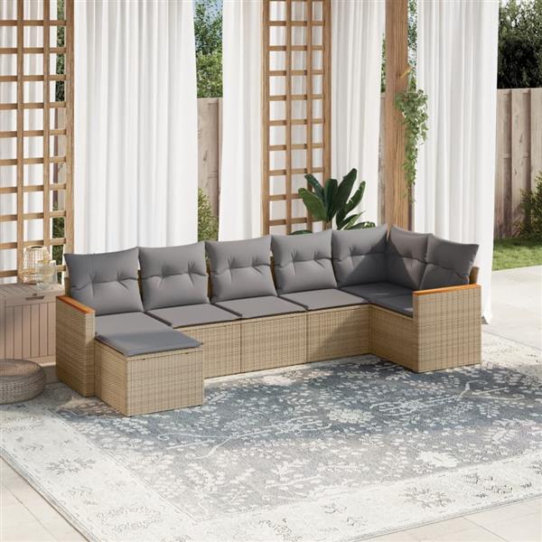 Grote foto vidaxl 7 delige loungeset met kussens poly rattan beige tuin en terras tuinmeubelen