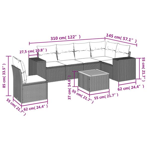 Grote foto vidaxl 7 delige loungeset met kussens poly rattan grijs tuin en terras tuinmeubelen