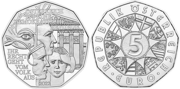 Grote foto oostenrijk 5 euro 2022 democratie zilver bu verzamelen munten overige