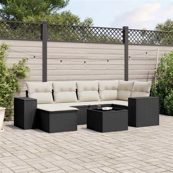Grote foto vidaxl 7 delige loungeset met kussens poly rattan zwart tuin en terras tuinmeubelen